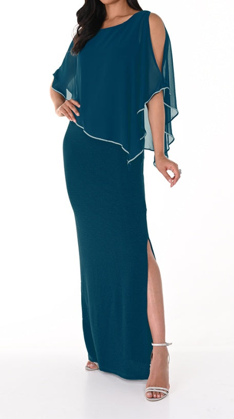 Teal evening gown with a sheer overlay trimmed with diamonds.